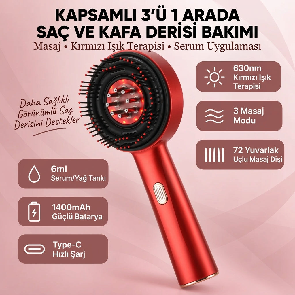 Redlly® Saç Derisi Masajlı Bakım Tarağı —Lazer Işığı + Serum Yağı Uyumlu