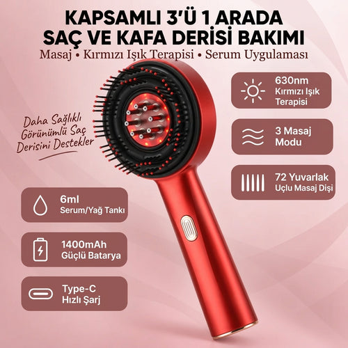 Redlly® Saç Derisi Masajlı Bakım Tarağı —Lazer Işığı + Serum Yağı Uyumlu